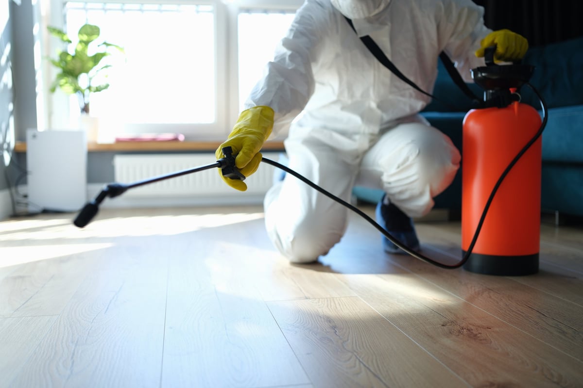 Pest control professional spraying treatment in residential property for cockroach extermination