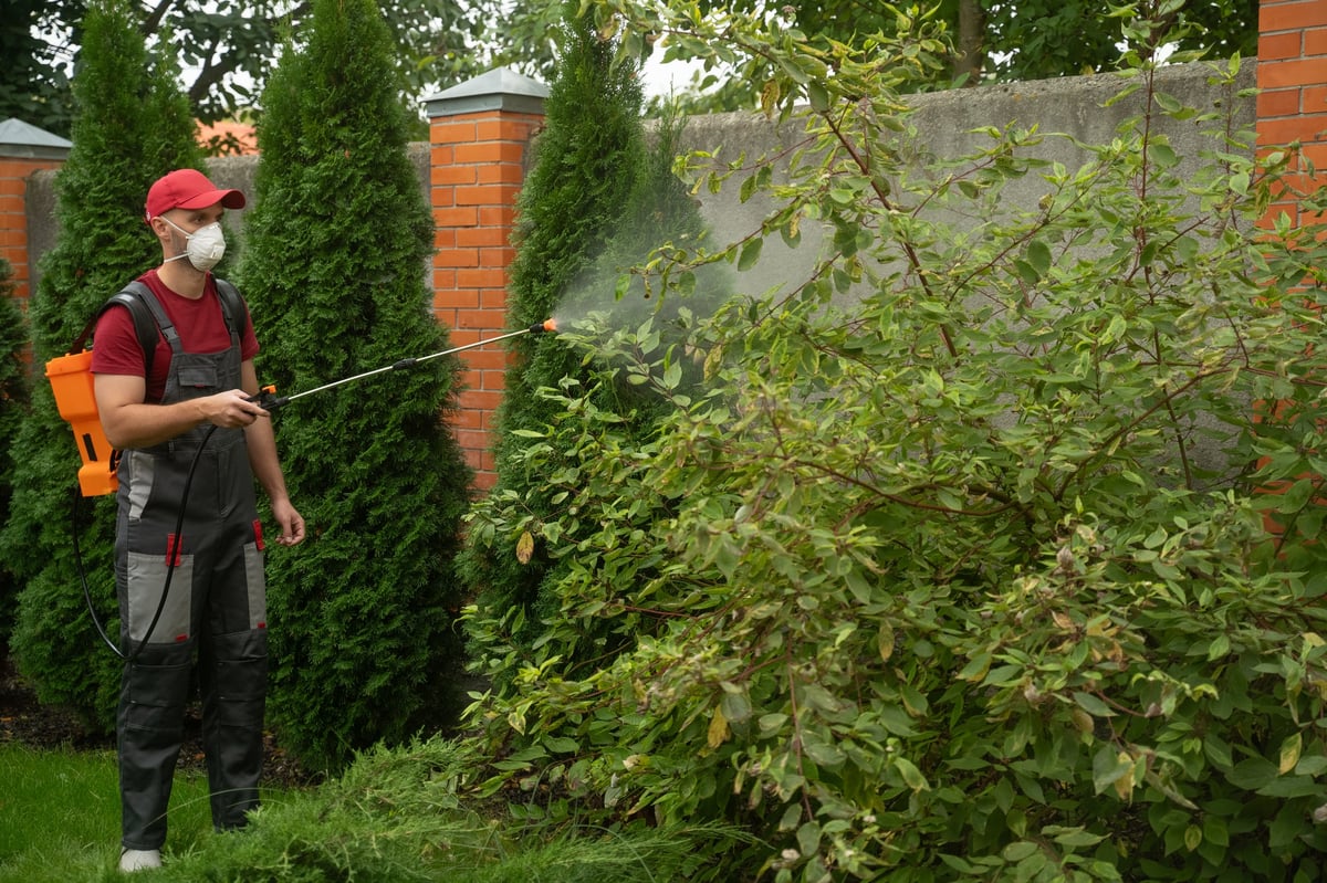 Professional technician performing routine exterior perimeter spray treatment for pest prevention