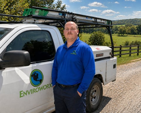 Man in blue Enviroworks jacket standing beside white work truck with roof rack on rural property