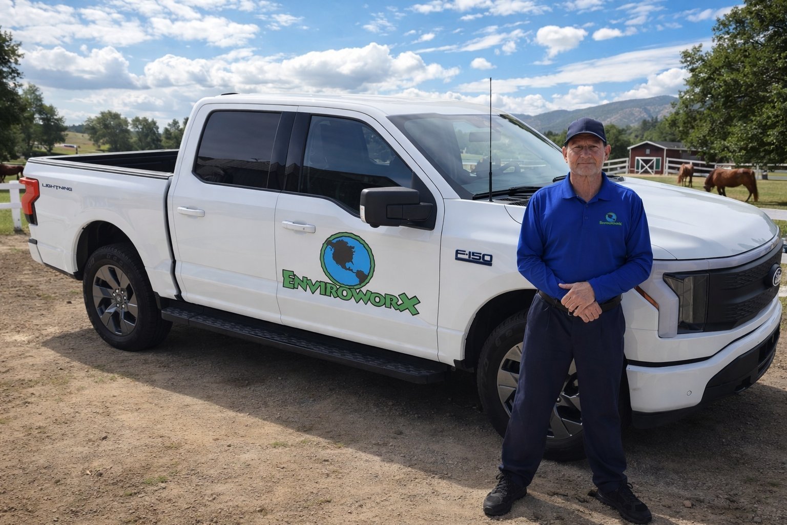 Man in blue shirt standing next to white pickup truck with BayLandsafe logo in rural outdoor setting