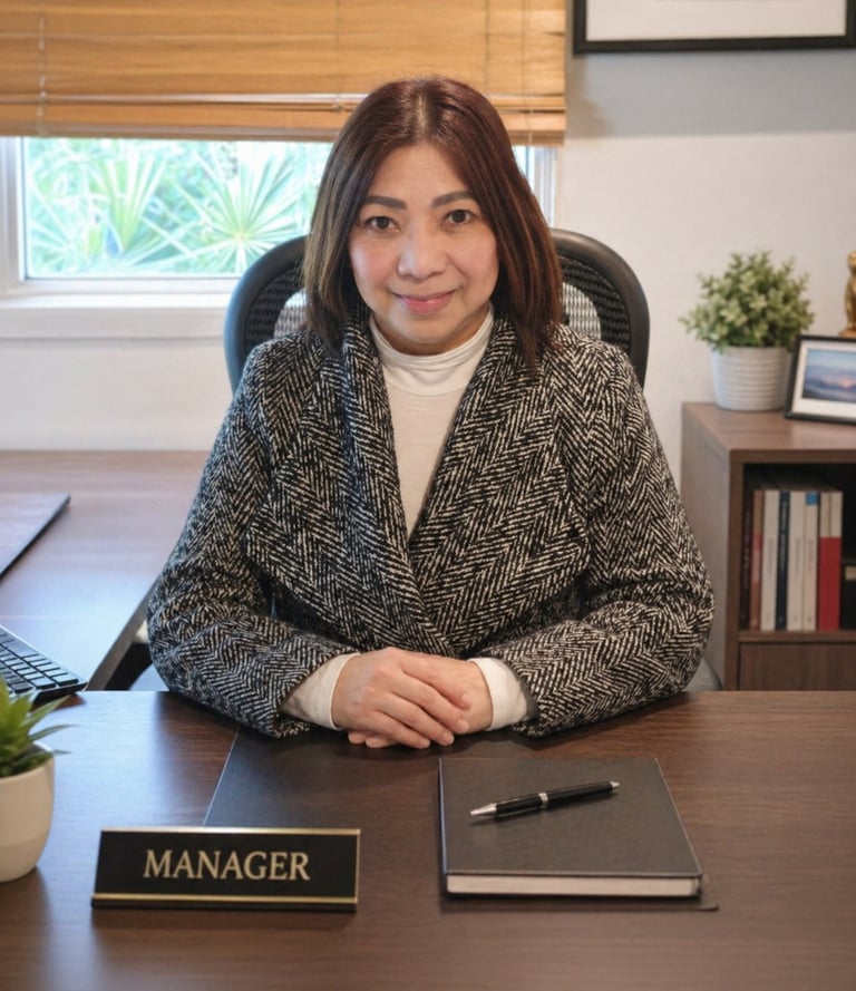 Professional woman at desk wearing herringbone blazer and cream top, with manager nameplate visible, smiling at camera in office setting