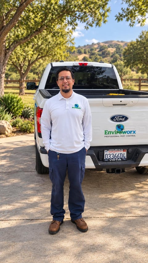 Professional pest control worker standing in front of white Ford truck with Envisworx branding in rural setting